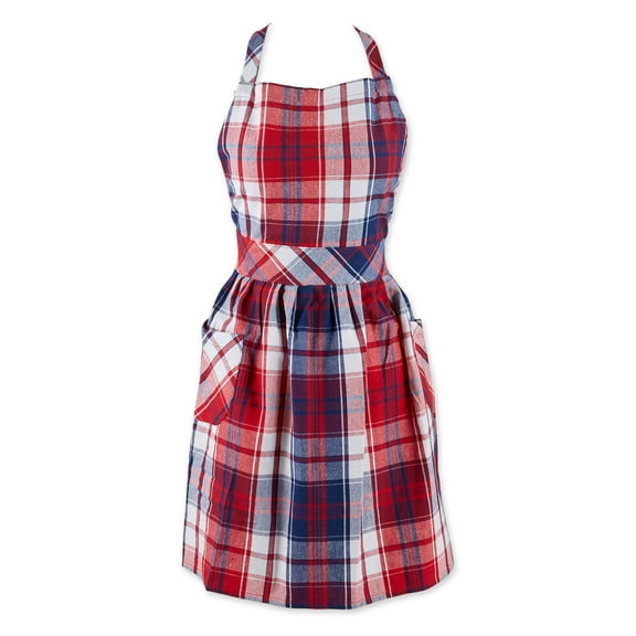Contemporary Home Living Americana Plaid Unisex Kitchen Apron with Pockets - 35" - White and Red