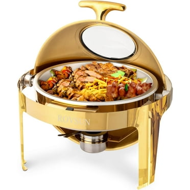 ROVSUN 6 QT Round Chafing Dish Buffet Set, Roll Top Stainless Steel Buffet Warmer Chafers and Buffet Warmers Sets with Thick Frame for Catering Events Parties Weddings Dinners,Gold