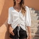 thumbnail image 3 of Blusa blanca fruncida para mujer con escote en V con cordón, mangas 3/4 y parte superior de gasa con farol, 3 of 8