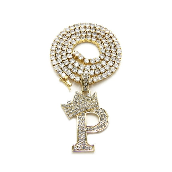 iJewelry2 Kings and Queens Crowned Initial Letter P Pendant Gold-tone CZ Tennis Chain Necklace 18''