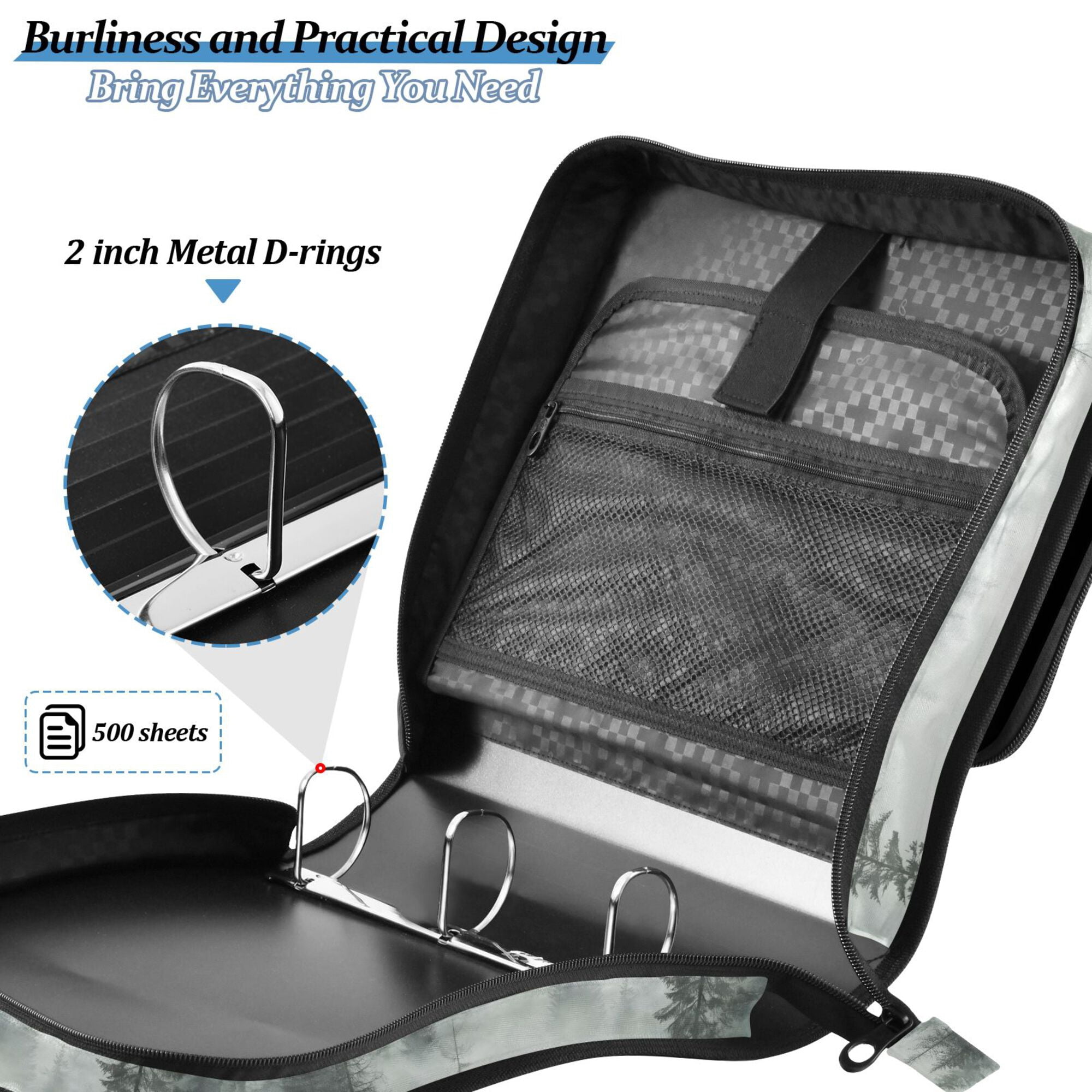 FORMRS Zipper Binder with Shoulder Strap 2-inch Ring 500 Sheet Capacity File Bag, Foggy Forest