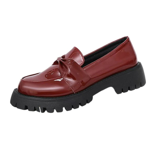 Gpaecead Women Vintage Bow Thick Sole Loafers British Style Patent Leather Versatile Solid Color Heightening Slip On Shoes, Burgundy