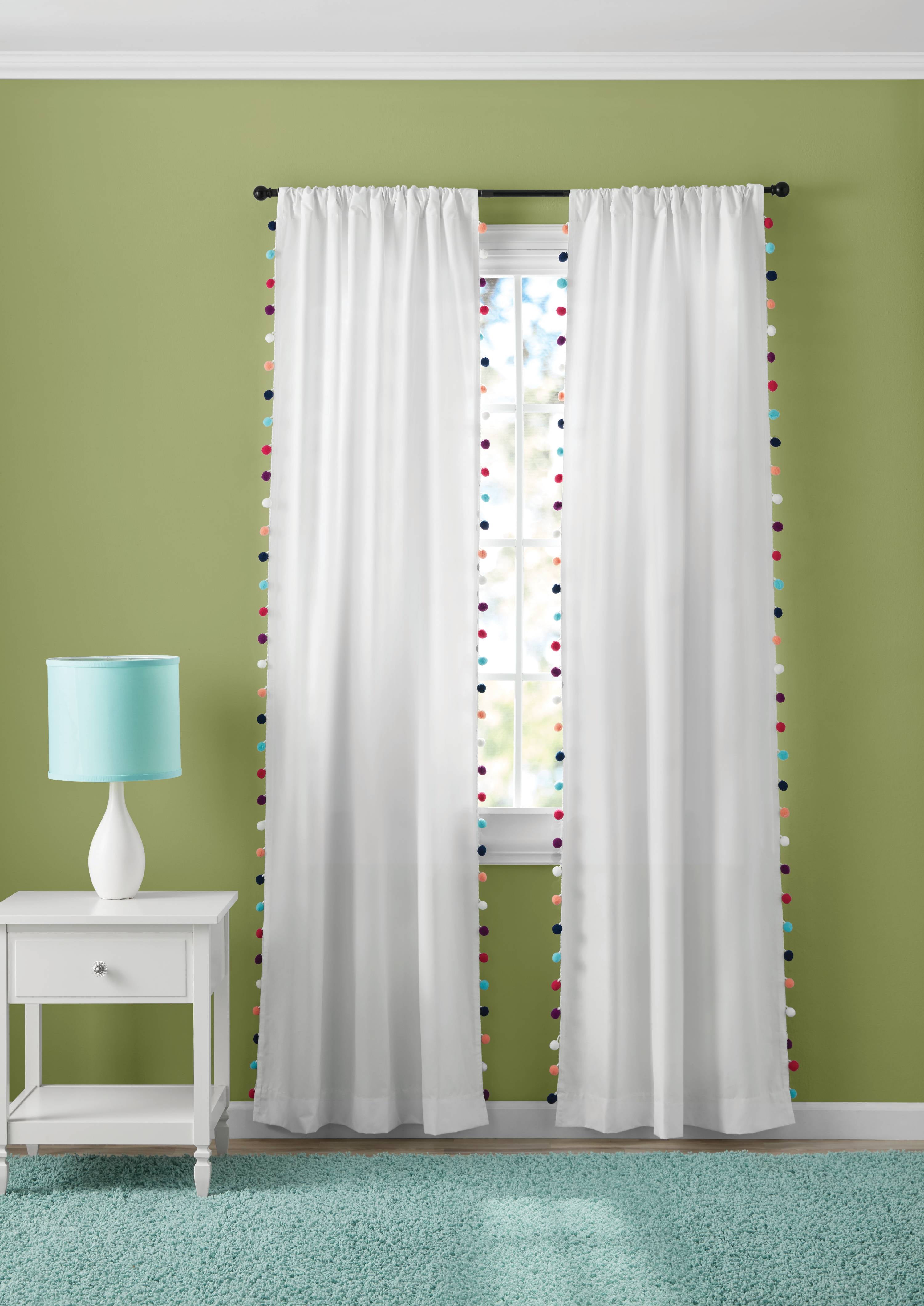 4 Pocket Pair of Colorful Pom Pom Sheer Chiffon White lace Window Curtains 40 W X 96H 