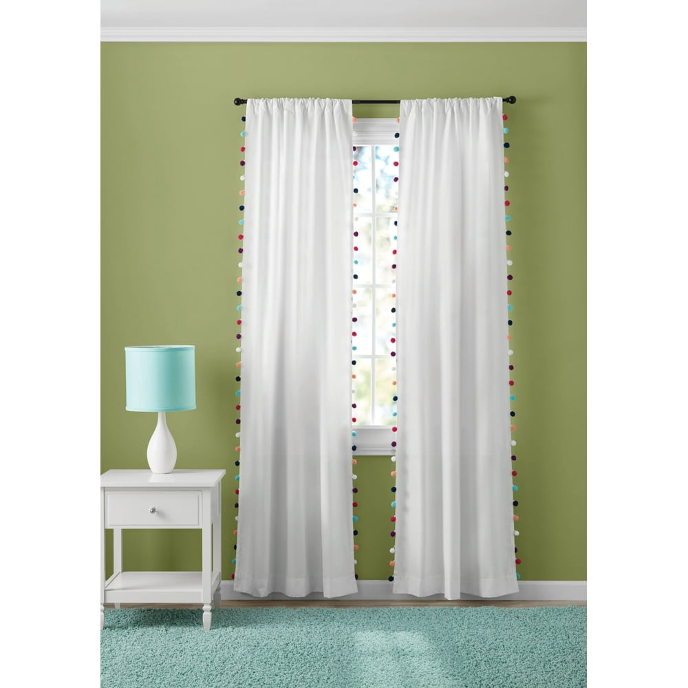 Your Zone Room Darkening Single Window Curtain Panel, White Pom Pom