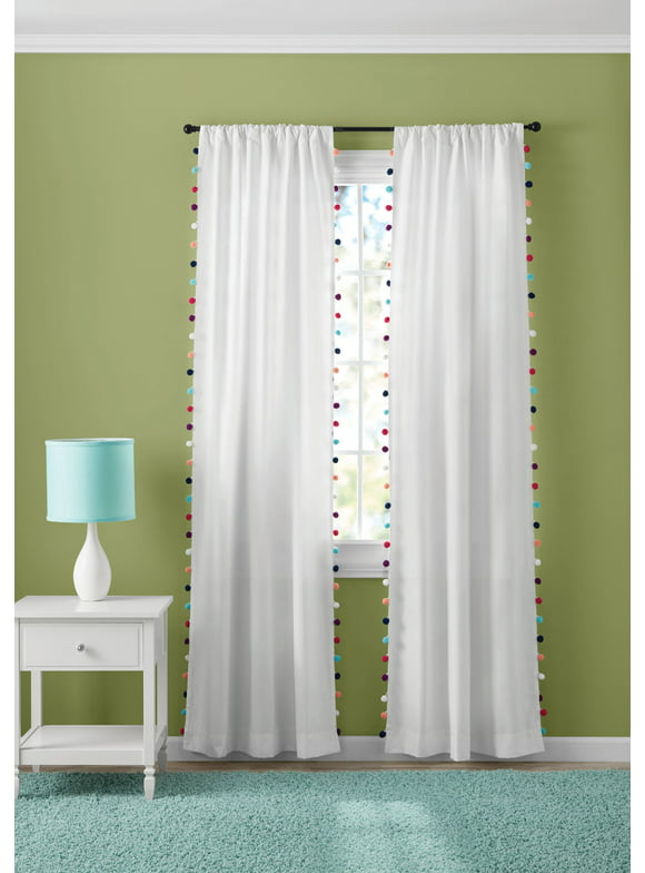 Your Zone White Pom Pom Room Darkening Rod Pocket Top Single Curtain Panel, 38" x 84"