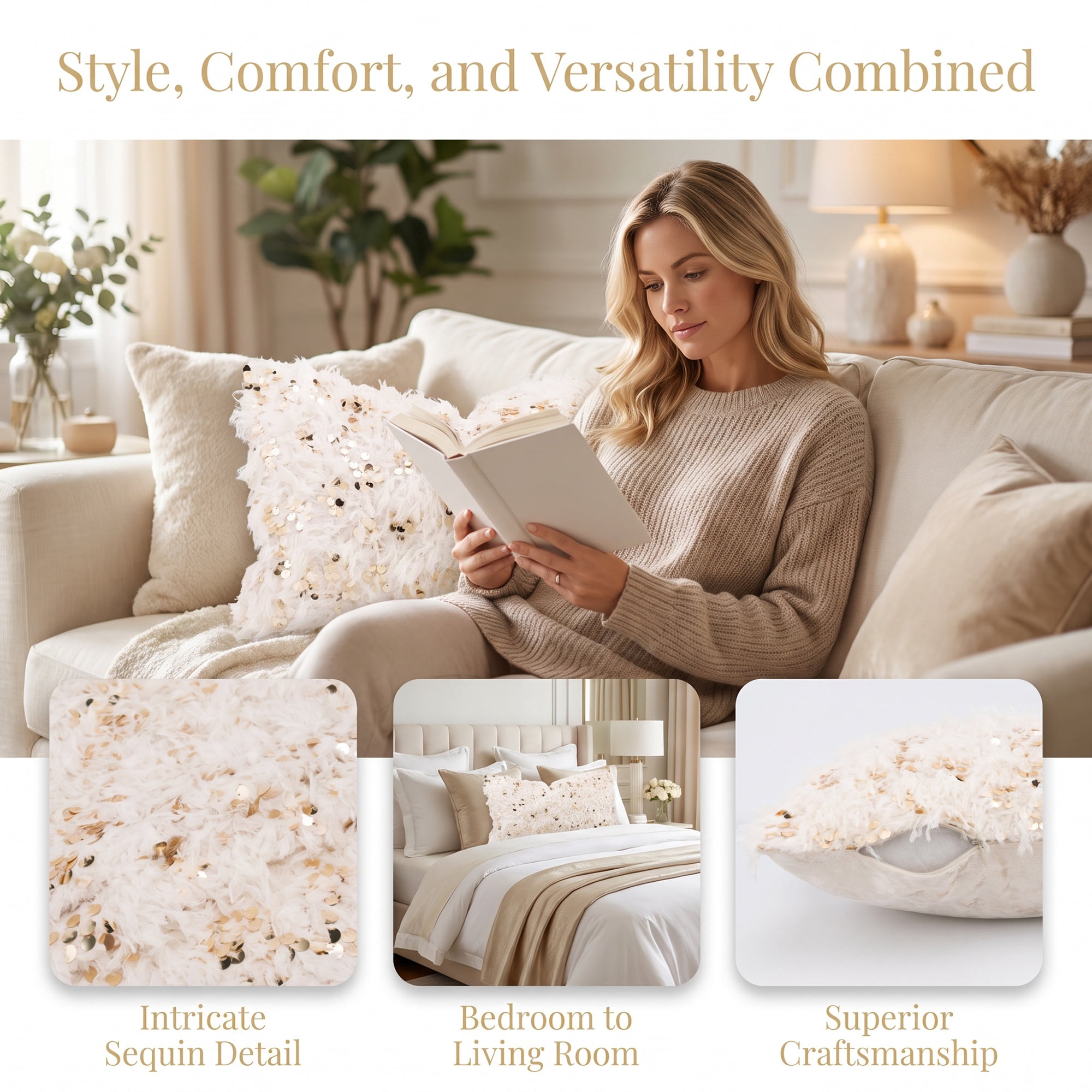 Unique Bargains Plush Soft Sequin Throw Pillow Cover Cushion Case Light Gold 20"x12"