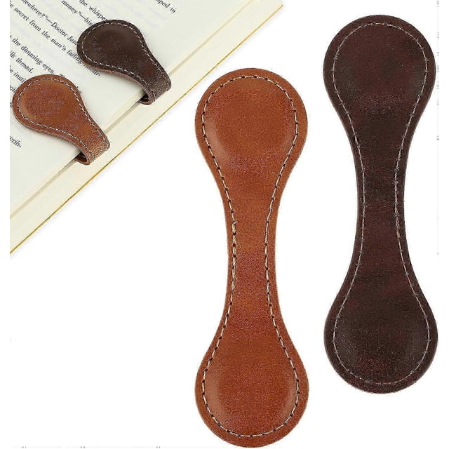 26-27 Set of 2 Magnetic Leather Bookmarks Leather Book Page Holder Retro Reading Accessories Handmade (Dark Brown + Light Brown)