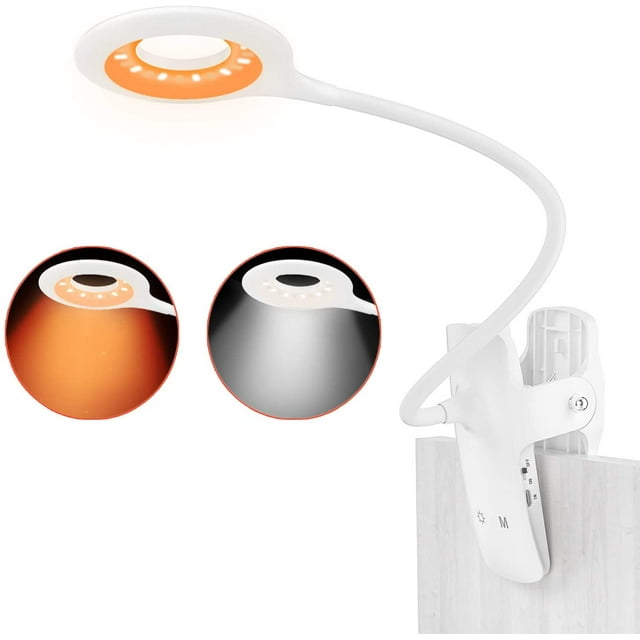 Lámpara de escritorio con clip de lectura recargable de 28 LED 【Blanco y ámbar】 Lámpara con clip flexible de 9 modos de brillo para bloquear la luz azul para leer libros, escritorio, Ch