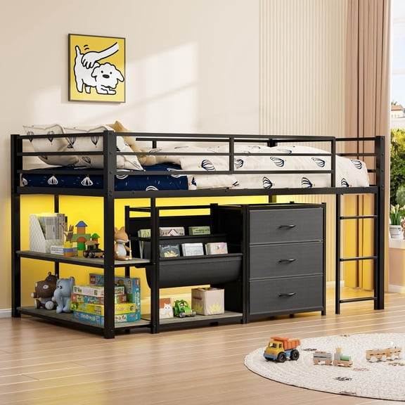 JOYMOR Low Loft Bed Twin Size with 3 Storage Drawers, 2 Tier Storage Shelves, 2 Tier Bookcase and LED Lights, Safety Guardrail, Metal
