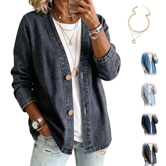 Women's Classic Button Front Denim Jacket – V-Neck, Breathable Fabric, Relaxed Casual Outerwear
