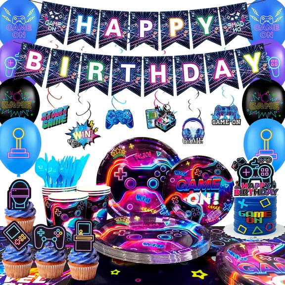 159Pcs Video Game Birthday Party Decorations & Video Game Tableware Set- Game On Plates Cups Napkins & Video Game Birthday Banner Balloons Cupcake Toppers etc Glowing Game Birthday Party Supplies