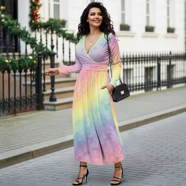Fkelyi Tie-Dye Rainbow Print Womens Fall Dress Long Sleeve Maxi Dress for Wedding Party Casual Outdoor Cloth V Neck Soft Dresses with Pocket, 3XL Fkelyi Tie-Dye Rainbow Print Womens Fall Dress Long Sleeve Maxi Dress for Wedding Party Casual Outdoor Cloth V Neck Soft Dresses with Pocket, 3XL