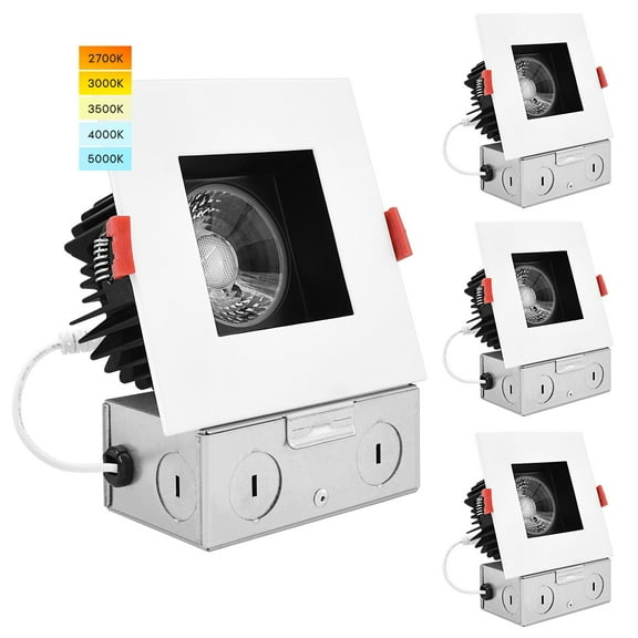 Luxrite 4 Inch Square LED Recessed Light, 15W, 5 CCT Tunable, 1100 Lumens, Dimmable, Wet Rated - White Black Trim 4-Pack