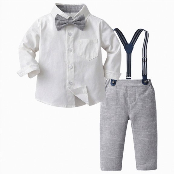 Xudanell Baby Outfits Boy Cotton formal Suspenders Outfit with Bowtie Toddler Long Sleeve Baby Boy Wedding Clothes Grey 4-5 Years