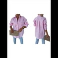 thumbnail image 3 of Camisas de Rayas con Botones para Mujer, Blusas Informales de Larga con Cuello para Oficina, Trabajo, Rosa S, 3 of 7