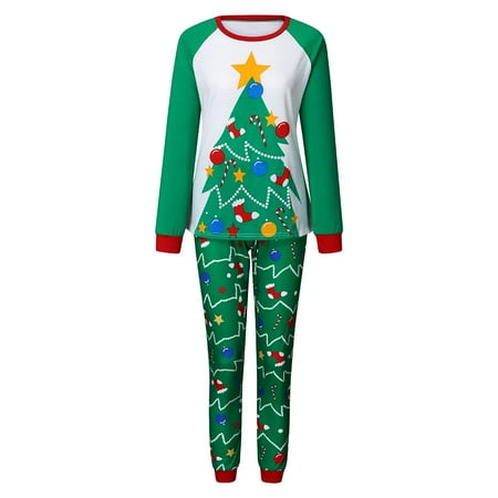 

ERTUTUYI Christmas Women Mommy Cartoon Tree Print Top+Pants Xmas Family Clothes Pajamas Green XXL