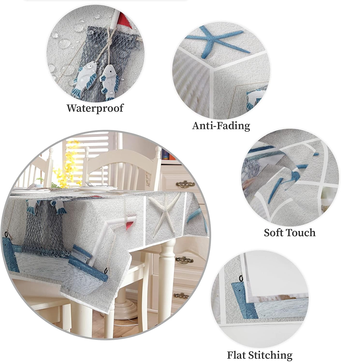 Waterproof Tablecloth Rectangle Washable Table Cloths Summer Lighthouse Starfish Drifting Bottle in Plaid Oil Proof Tables Cover for Kitchen Dining/Party/Holiday/Picnic Tabletop Ocean Beach Check