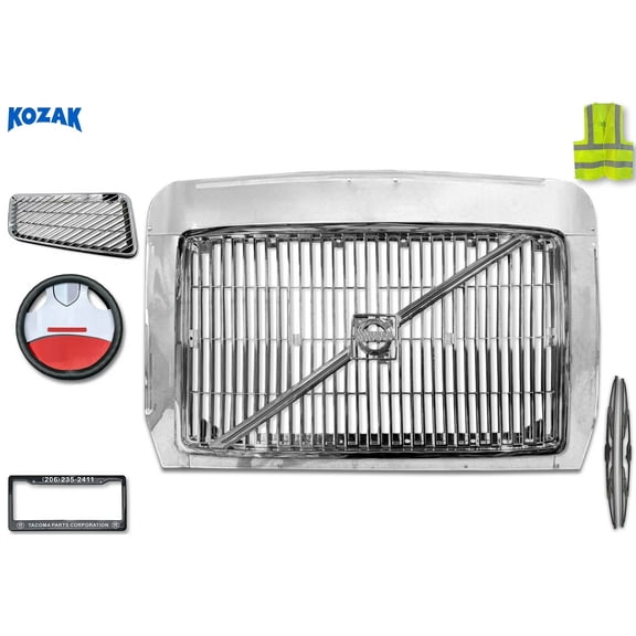 Compatible with Volvo VN VNL VNM 1996-2003 Front Grille Chrome w/ Deflector Frame with full set of accessories