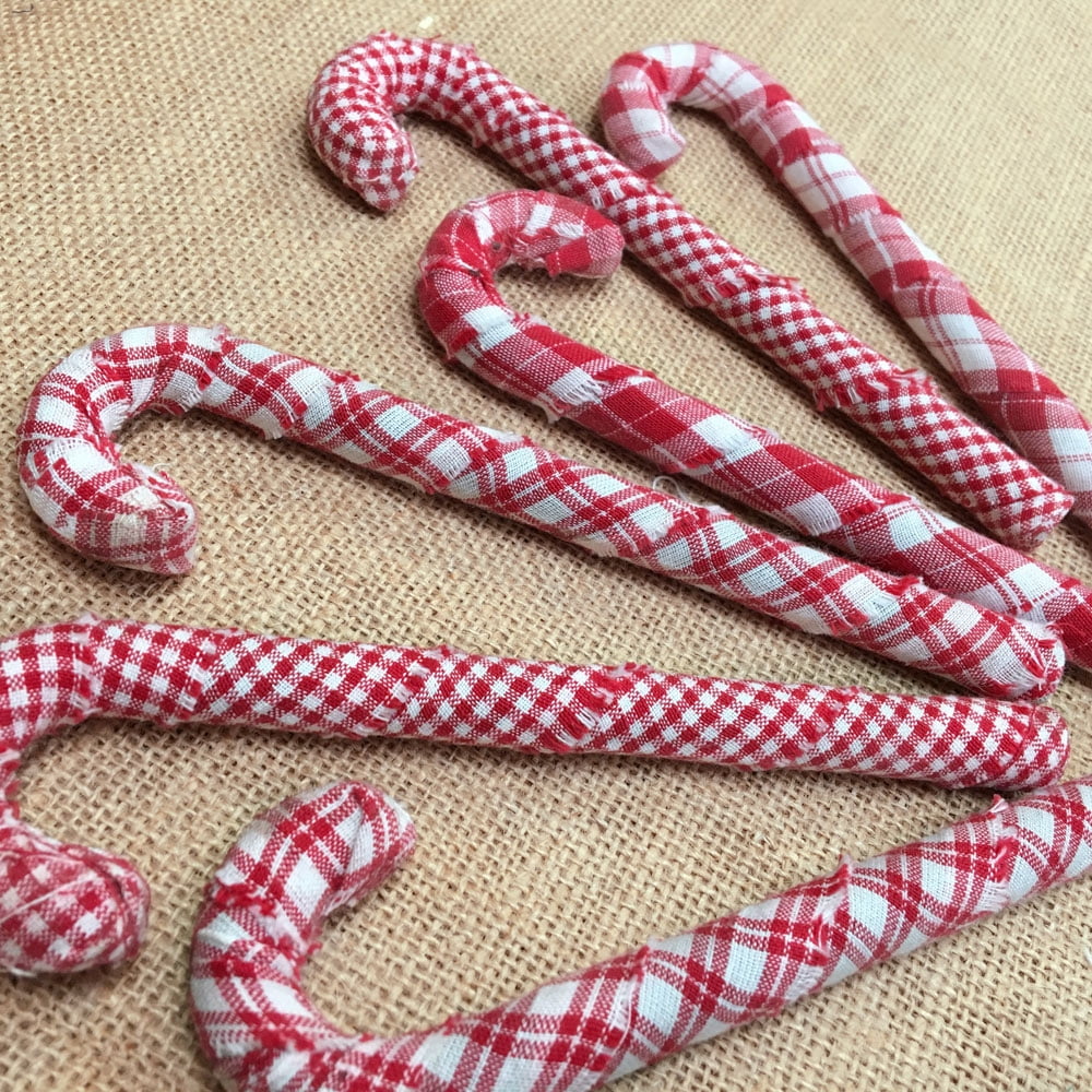 Cherry Red Homespun Fabric Candy Cane Ornaments Set Of 6 