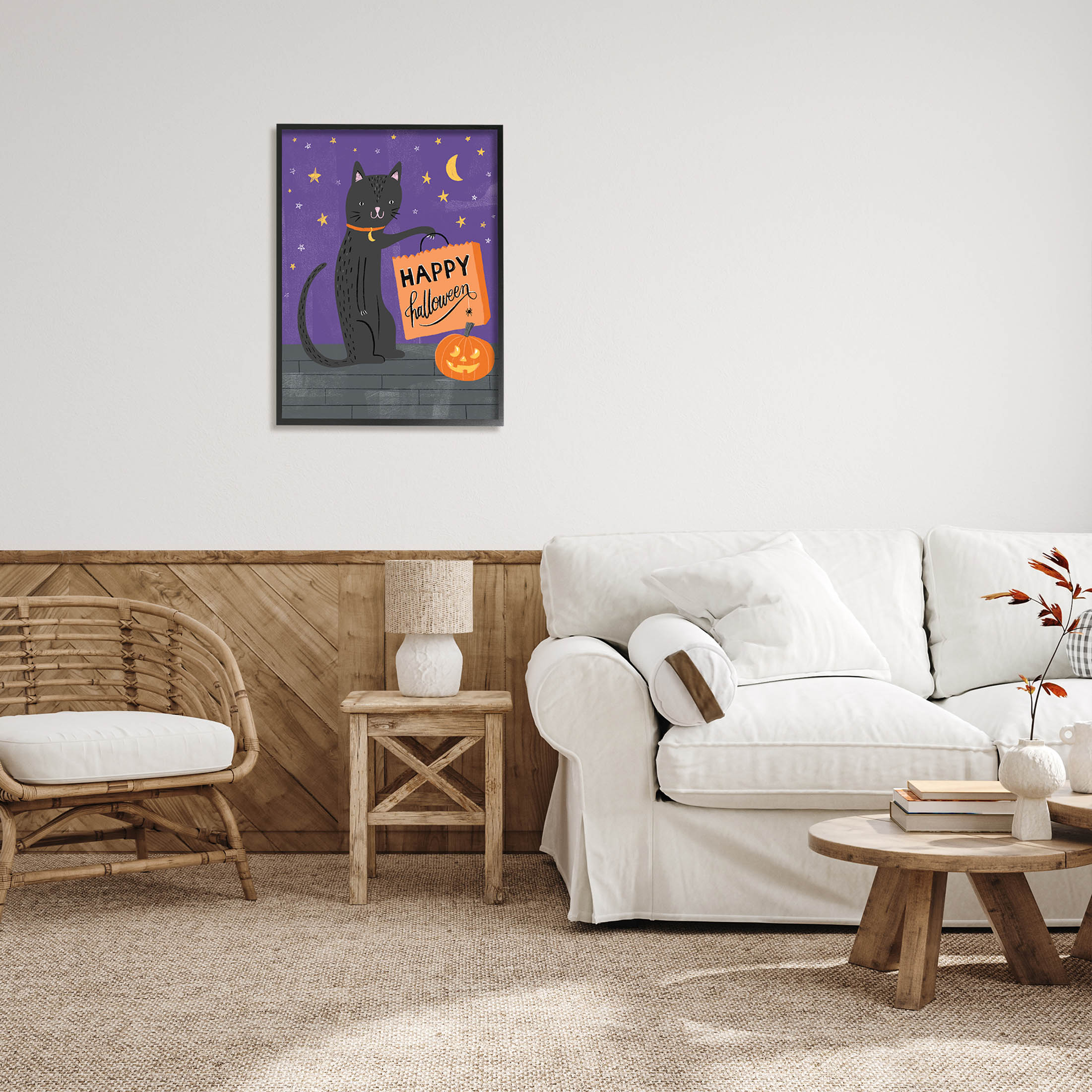 Stupell Industries Happy Halloween Black Cat Graphic Art Black Framed Art Print Wall Art, Design by Amanda McGee