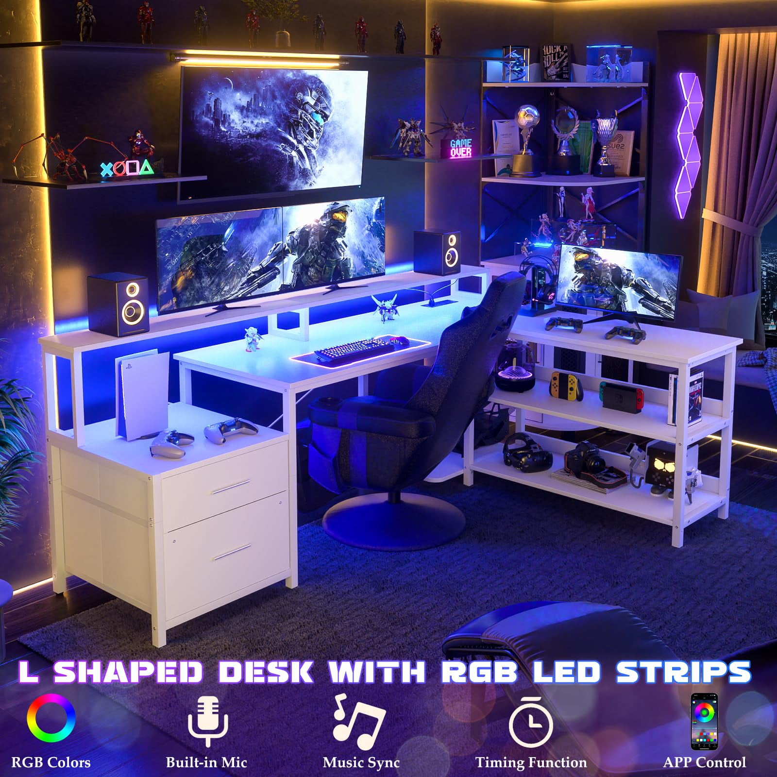Homieasy L Shaped Desk with Power Outlet, Reversible L Shaped Computer Desk with File Drawer & Monitor Stand, Gaming Desk with LED Strip, Home Office Desk Corner Desk with Storage Shelf, White