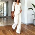 thumbnail image 5 of Zekutng Lounge Sets for Women Loose V-Neck Roll-up Sleeve Linen-Blend Shirt & Elastic Waist Wide Leg Pant Matching Set,Sizes S-3XL, 5 of 7