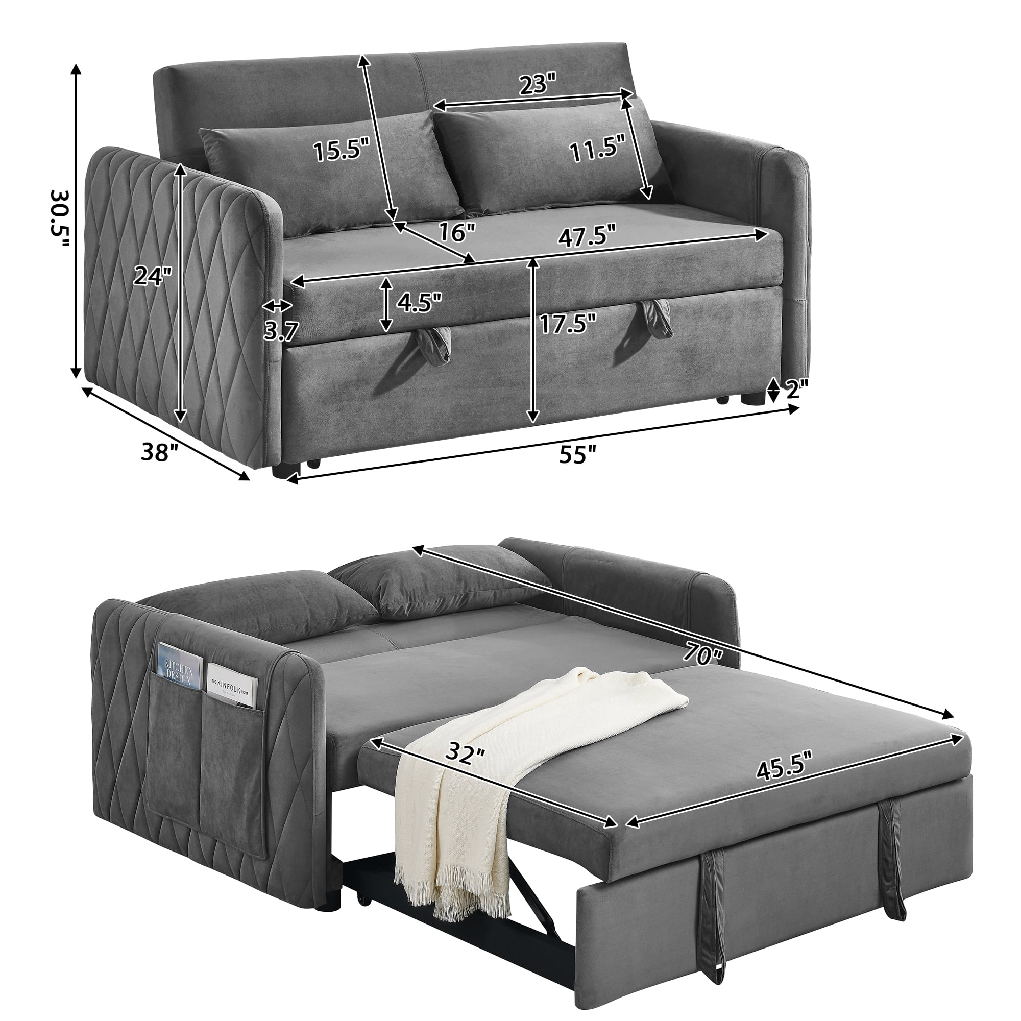 3 in 1 Convertible Sleeper Sofa Bed,55" Modern Velvet Pull Out Sofa Bed with 2 Pillows and 2 Detachable Pockets,Upholstered Loveseat Sofa Couch with Adjustable Backrest for Living Room Office,Gray