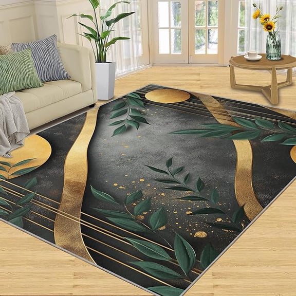 Geometric Rugs for Living Room, Green Leaves Rugs for Bedroom, Modern Abstract Area Rug, Indoor Carpet, Non Slip & Low-Pile, Washable Rug & Home Decor 5 x 7ft