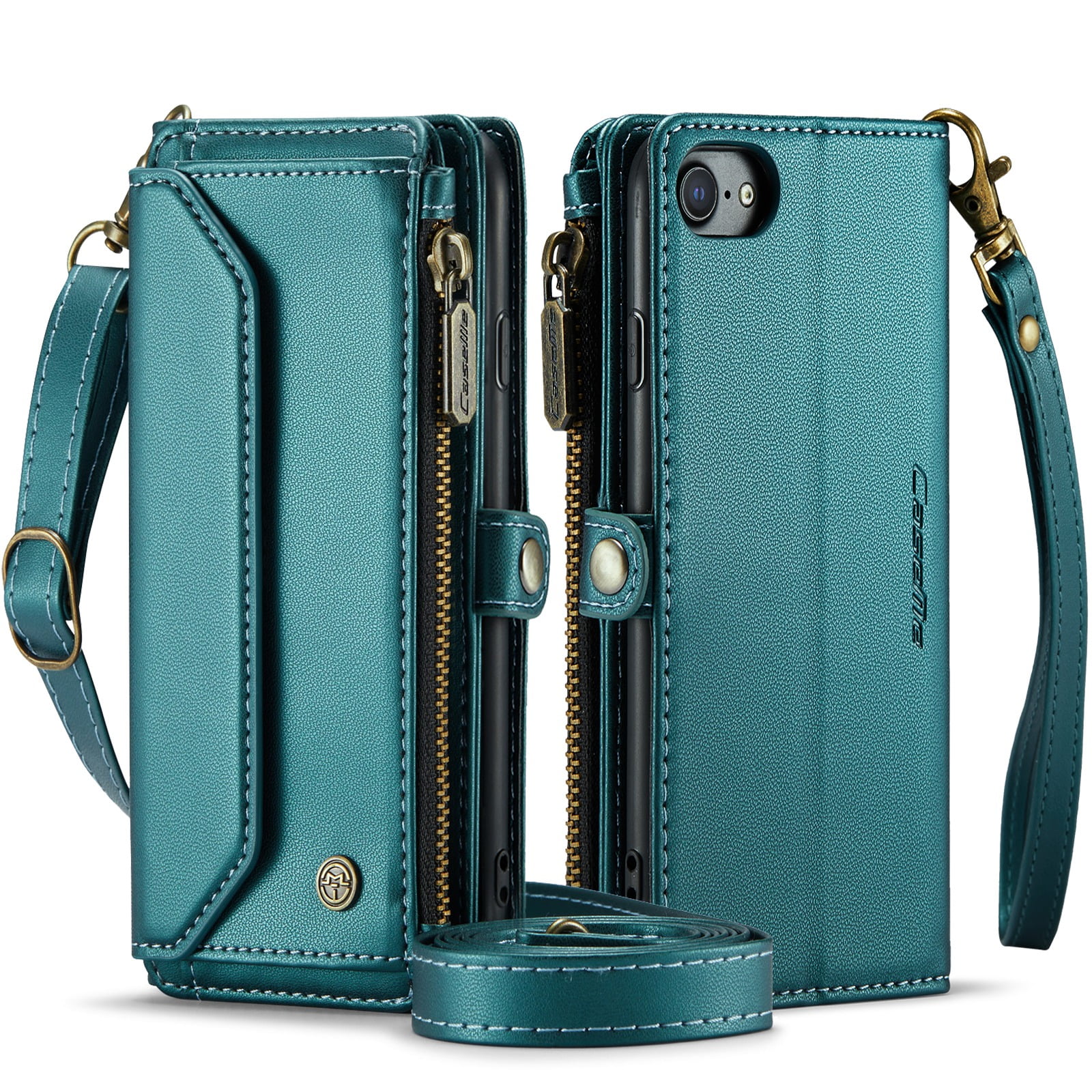 ShellTech Crossbody Wallet Women Men Case for iPhone 7/8/SE 2nd/3rd Gen,Magnetic Leather Flip Case RFID Blocking 7-Card Holder Zipper Wallet Cash Pocket Stand Cover with Shoulder Wrist Strap,Green