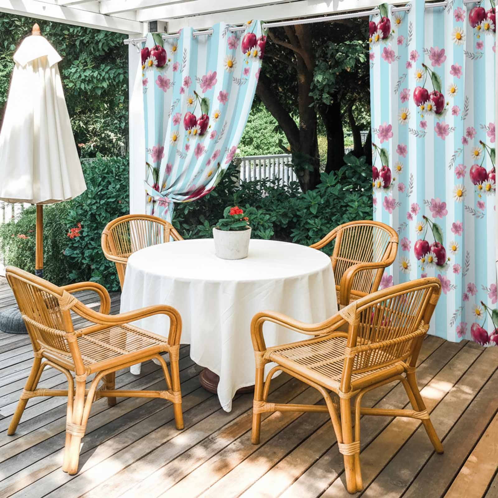 Red Cherry Outdoor Curtains for Patio, Country Farmhouse Pink Flower Leaf Blue Stripe Sunshade Privacy Drapes Grommet Waterproof Outside Curtains for Porch/Cabana/Balcony 54"x 108", 1 Panel