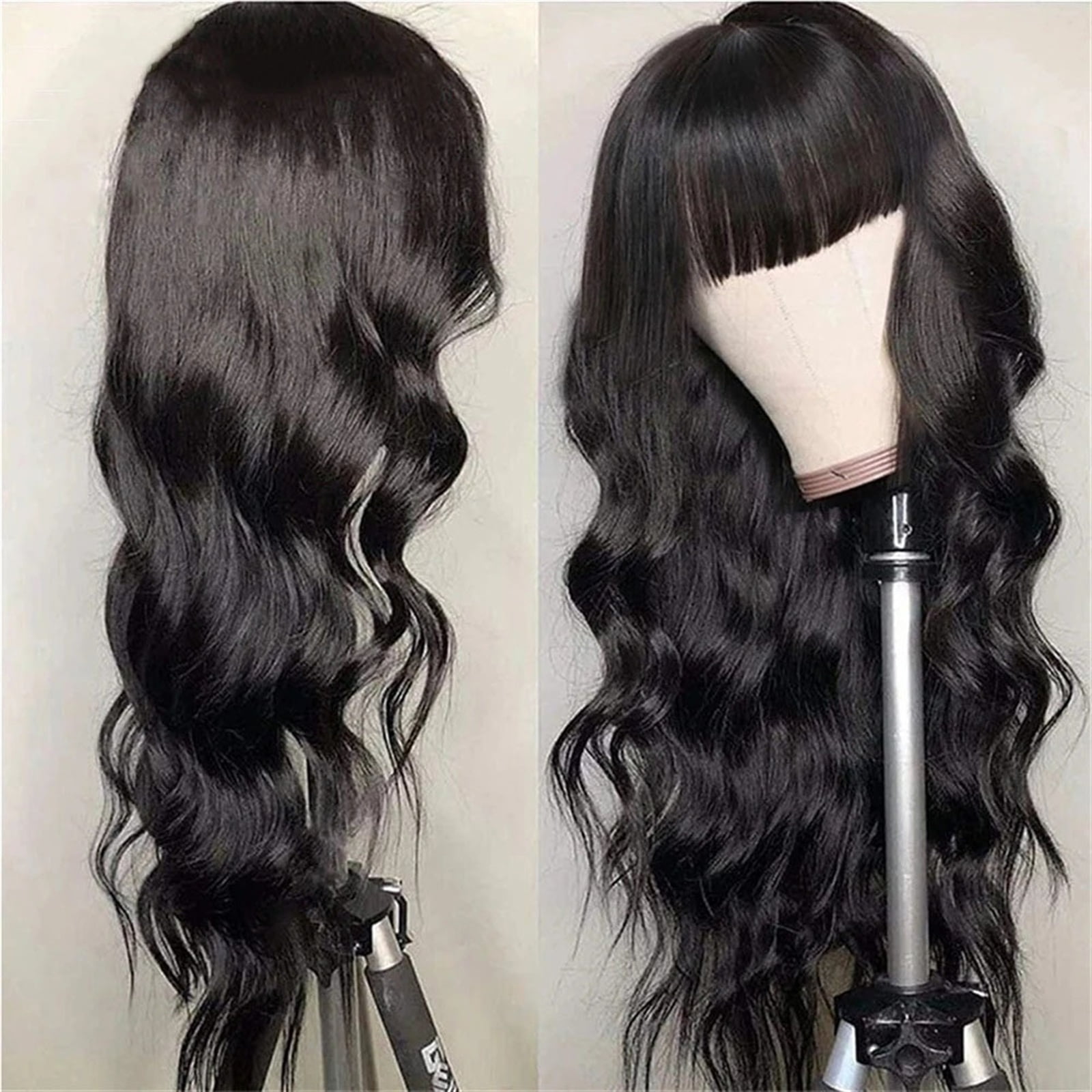 Wig with Bangs Human Hair Body Wave None Lace Front Wigs for Black Women 14-40 Inch Long Glueless Full Machine Remy Hair Wig, Natural Color