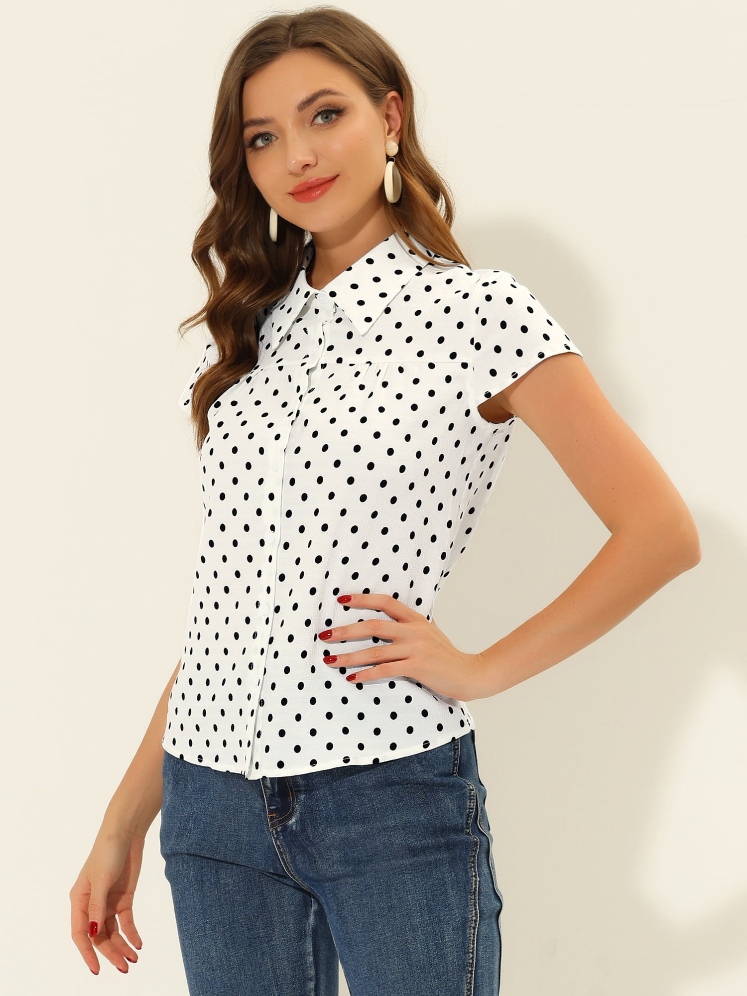 DARING DIVA Women's Retro Point Collar Short Sleeve Polka Dots Shirts L White