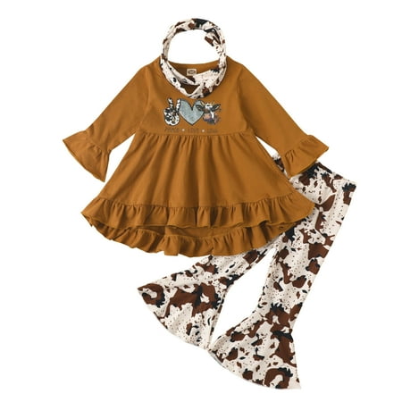 

ZHUASHUM Toddler Children Kid Baby Girls Cartoon Animals Tops Dress Ruffled Long Sleeves Print Flared Trousers Bell Bottomed Pants With Headbands Outfit Set Clothes 3PCS