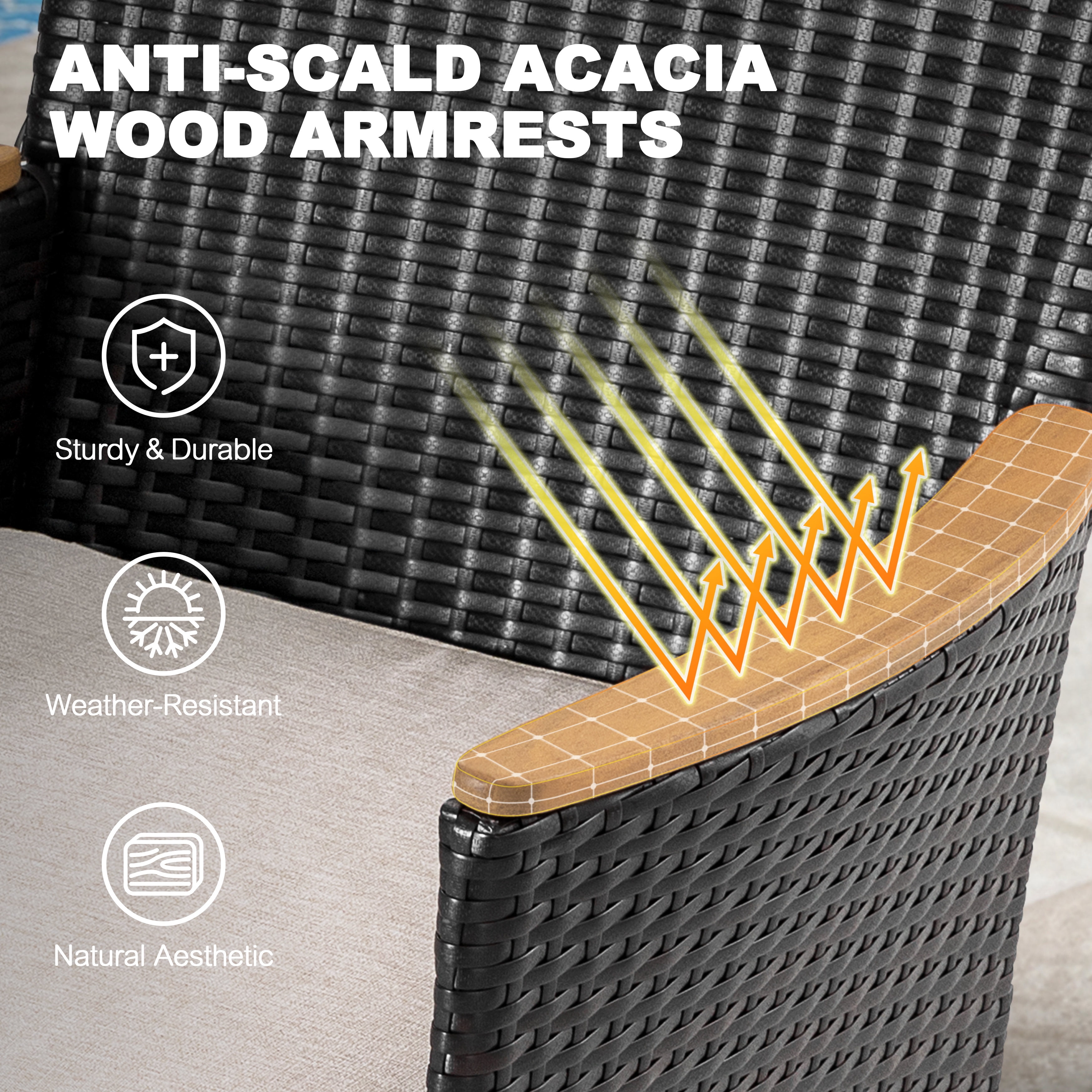 Nuu Garden Patio Chairs Set of 2, Outdoor Dining Chairs with Handwoven Wicker and Acacia Wood Armrests, All Weather Dining Chairs with Cushions for Outside, Black and Beige