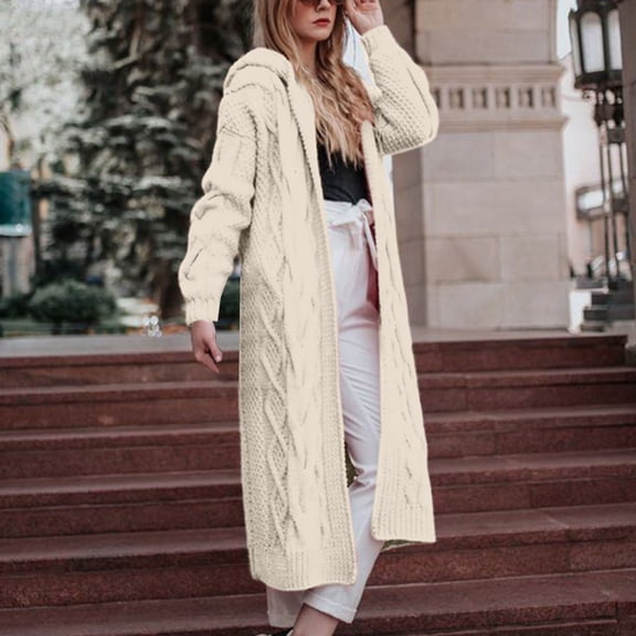 Guieoi Cardigan for Women Hooded Long-Length Cable-Knit Sweater White S