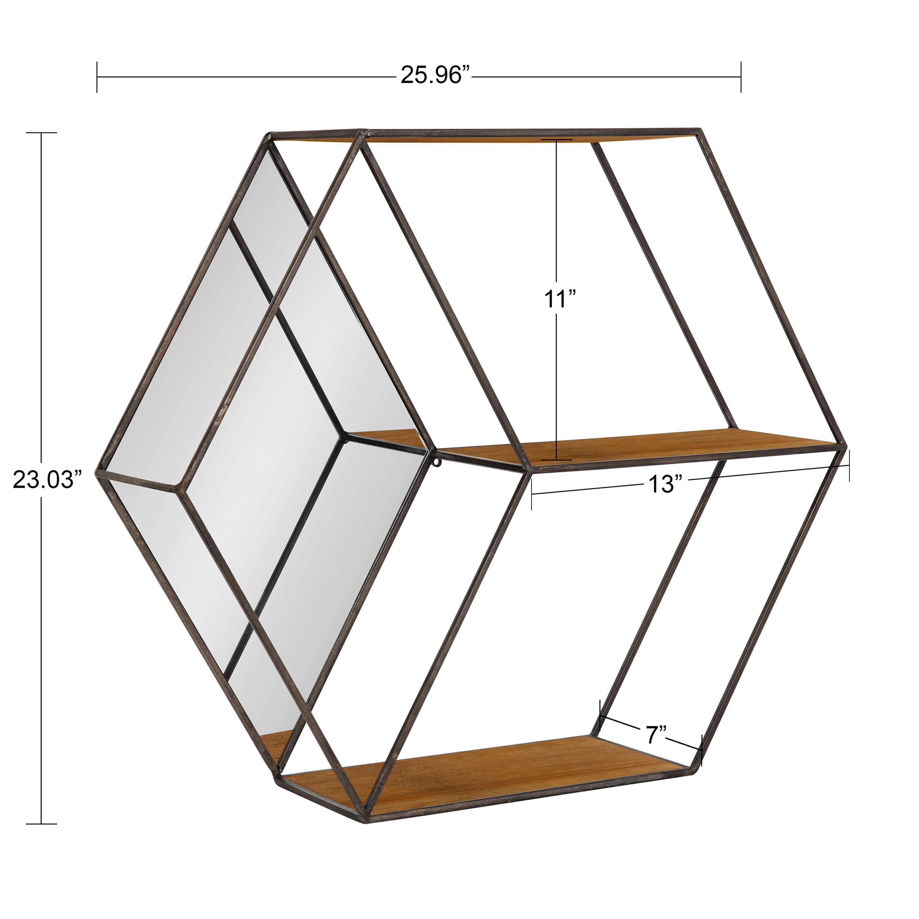 Kate and Laurel Lintz Modern Hexagon Floating Wall Shelves with Mirror, Black Metal Frame with Rustic Brown Shelves
