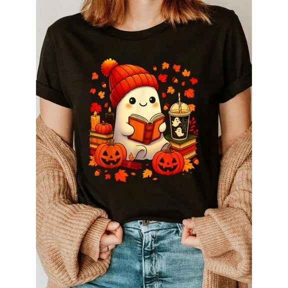 Halloween Book Lovers Cute Reading Coffee Design T Shirt Autumn Graphic Tees Soft Breathable Tops Black S-5XL