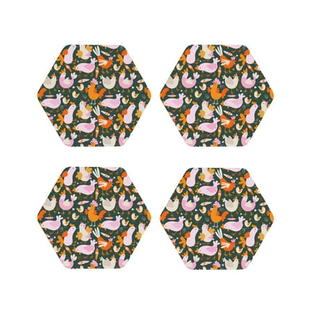 

Fuzoiu Roosters and Chicks Print Leather Coasters Set Drink Coasters Set of 4 for Tabletop Protection Durable PVC Coasters Home Décor and Housewarming Gift-Hexagon