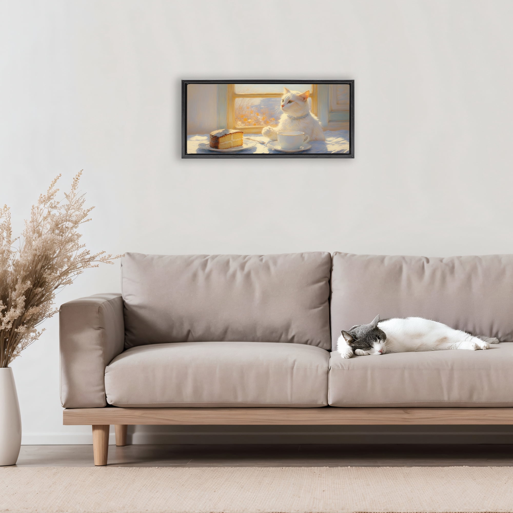 Stupell Industries Sunlit Tea Party Cat Black Framed Floater Canvas Wall Art, design by Angie Hawke