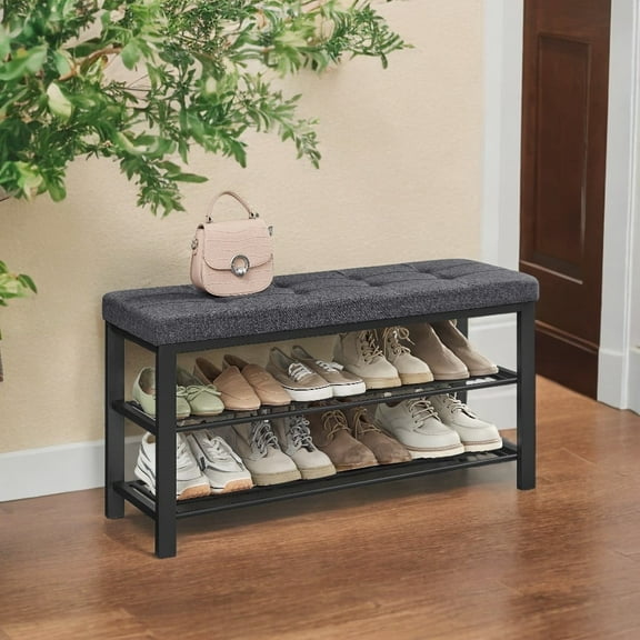 Rectangular Steel Indoor Shoe Bench with 2 Shelves, Storage & Seat,Dark Gray and Black