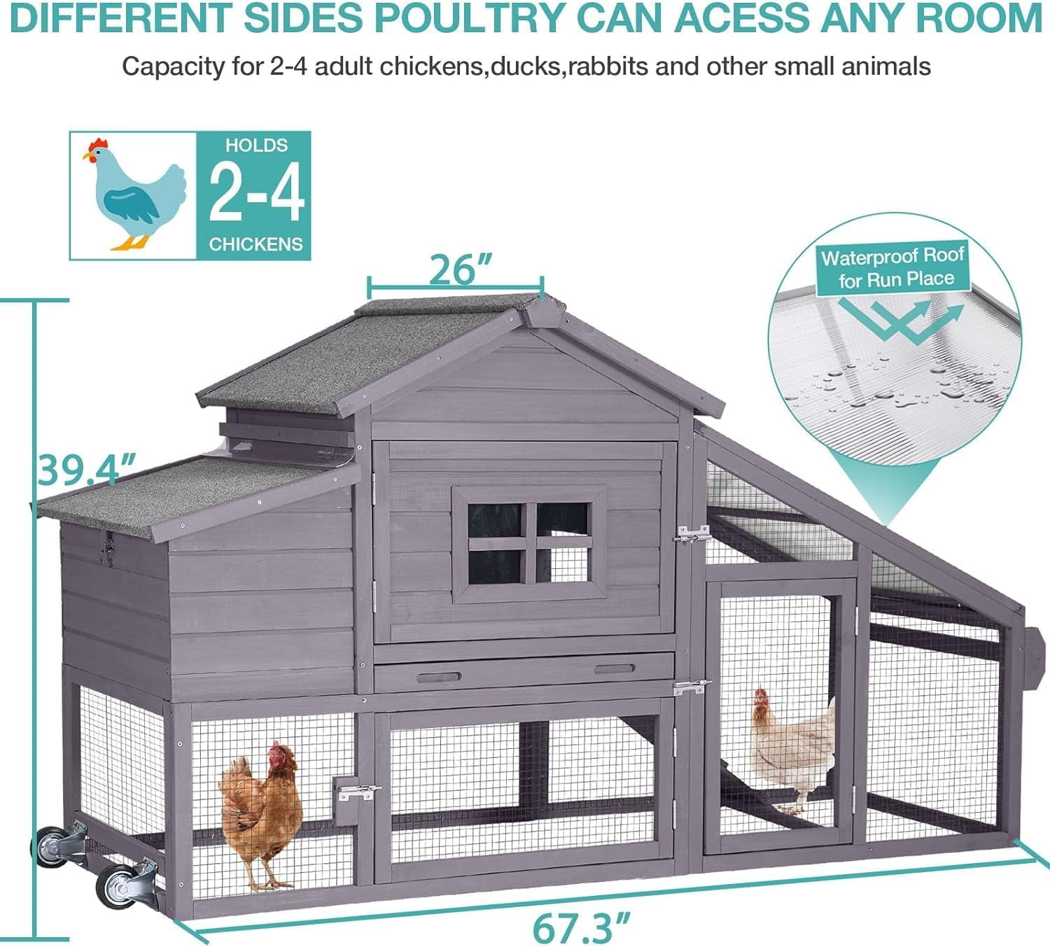 MEDEHOO Chicken Coop, Mobile Chicken House with with Wheels, Outdoor Hen House Poultry Cage with Nesting Box, Leakproof Pull Out Tray and UV-Resistant Roof (Grey)