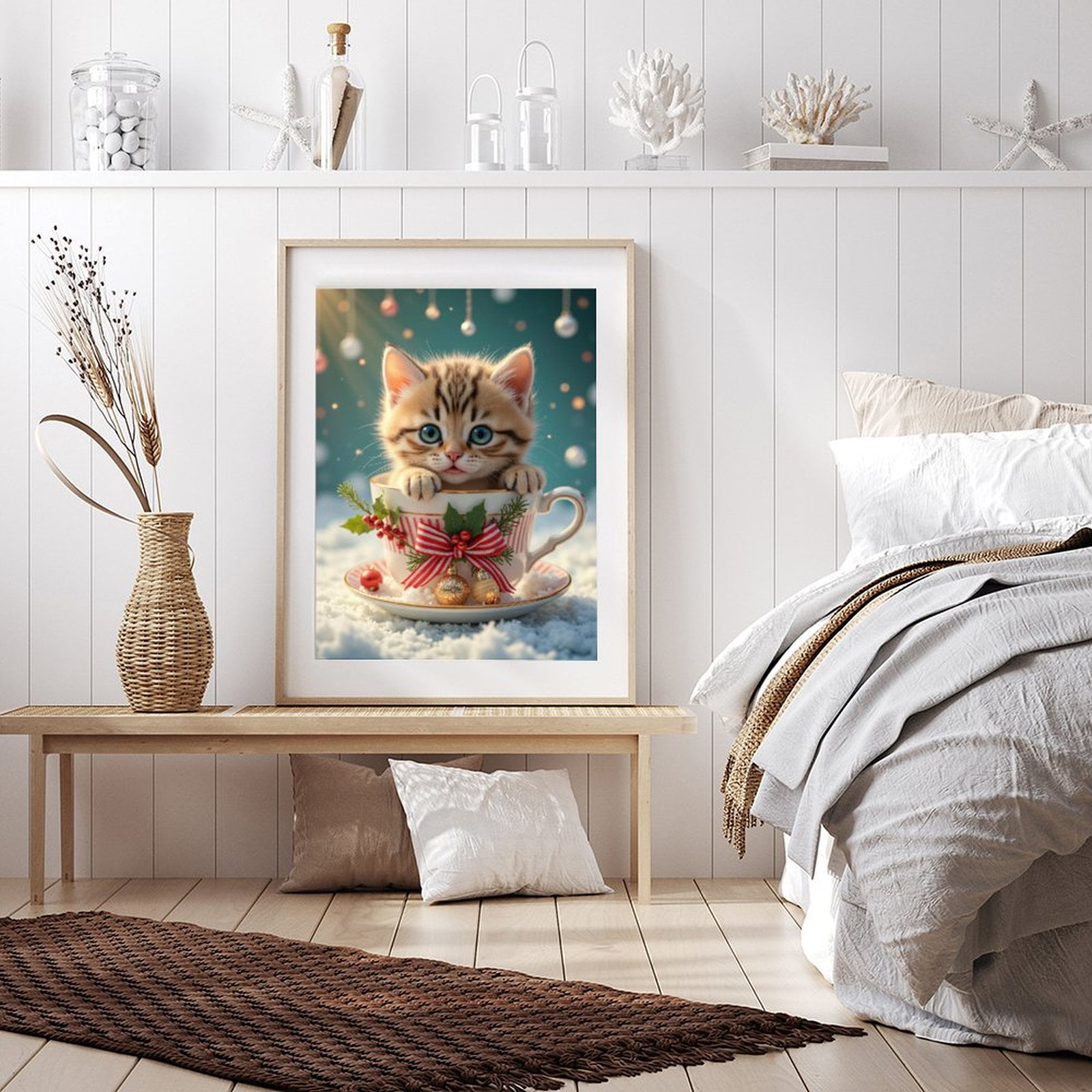 Diamond Art Kit for Adults, Cute Kitten Christmas Teacup Ornament Diamond Painting for Adults Beginners, DIY Diamond Art Painting Kits, 5D Diamond Painting Crafts for Home Decor 12x16 Frameless
