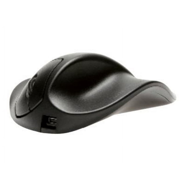 Hippus N.v. Hippus Handshoe Mouse Right-handed Model Large Size Wired With Blueray Track. This ergonomic black USB mouse features a patented design that supports the hand in a relaxed position, preventing gripping and pinching. The large size is ideal for right-handed users, with buttons aligned to the fingers for minimal pressure and a thumb rest for added comfort.