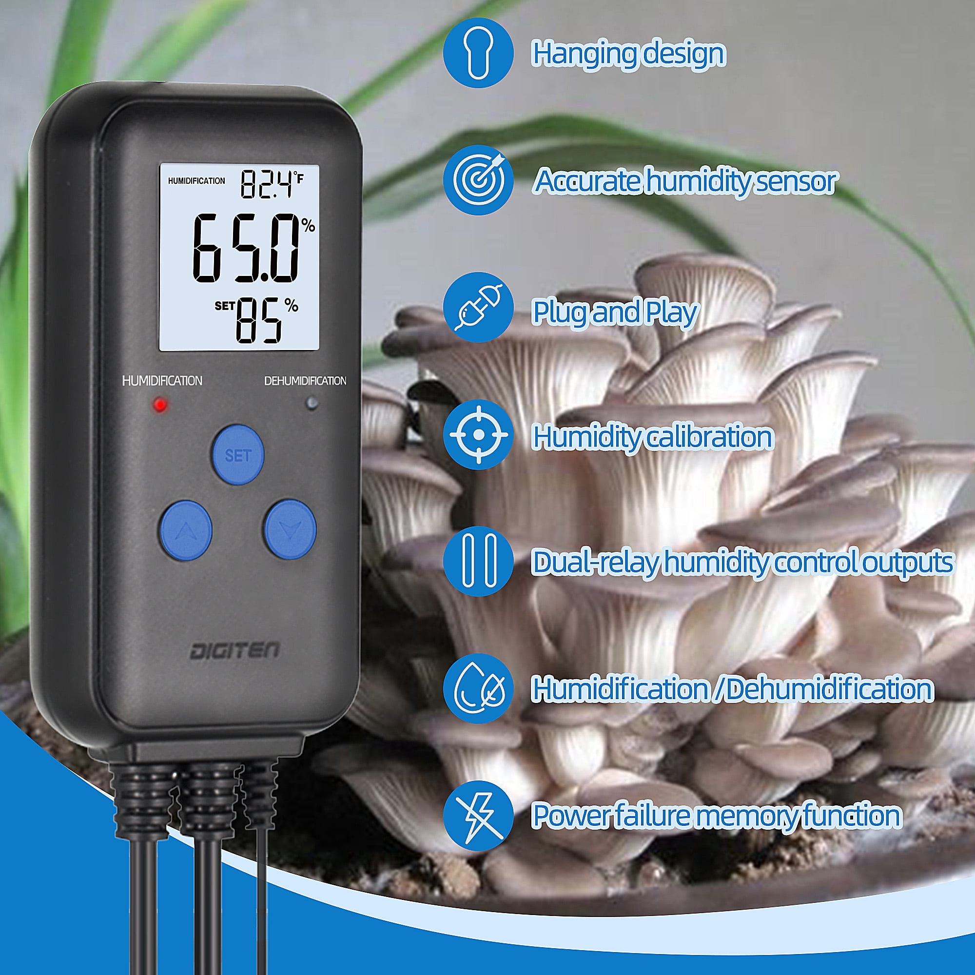 10A Humidity Controller, Pre-Wired Humidity Controlled Dual Stage Outlets for Mushroom Growing, Reptile, Grow Tent, Humidifier/Dehumidifier