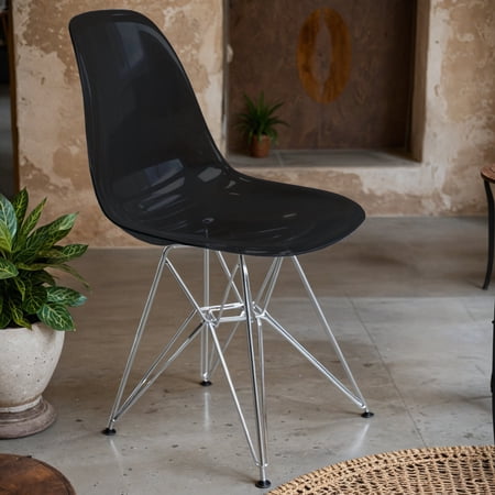 Cresco Dining Chair in Acrylic with Chrome Eiffel Base and Curved Back Design Lightweight Easy Assembly for Modern Home Kitchen Cafes in Transparent Black