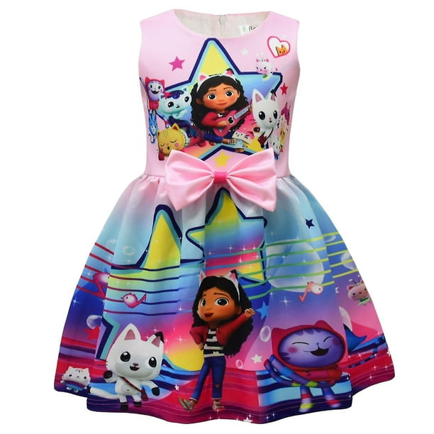 Vestido de dibujos animados de gatos Gabby, disfraces de verano para niños, Vestido sin mangas con tirantes, Vestido de princesa con lazo, ropa para regalo de cumpleaños y fiesta de boda