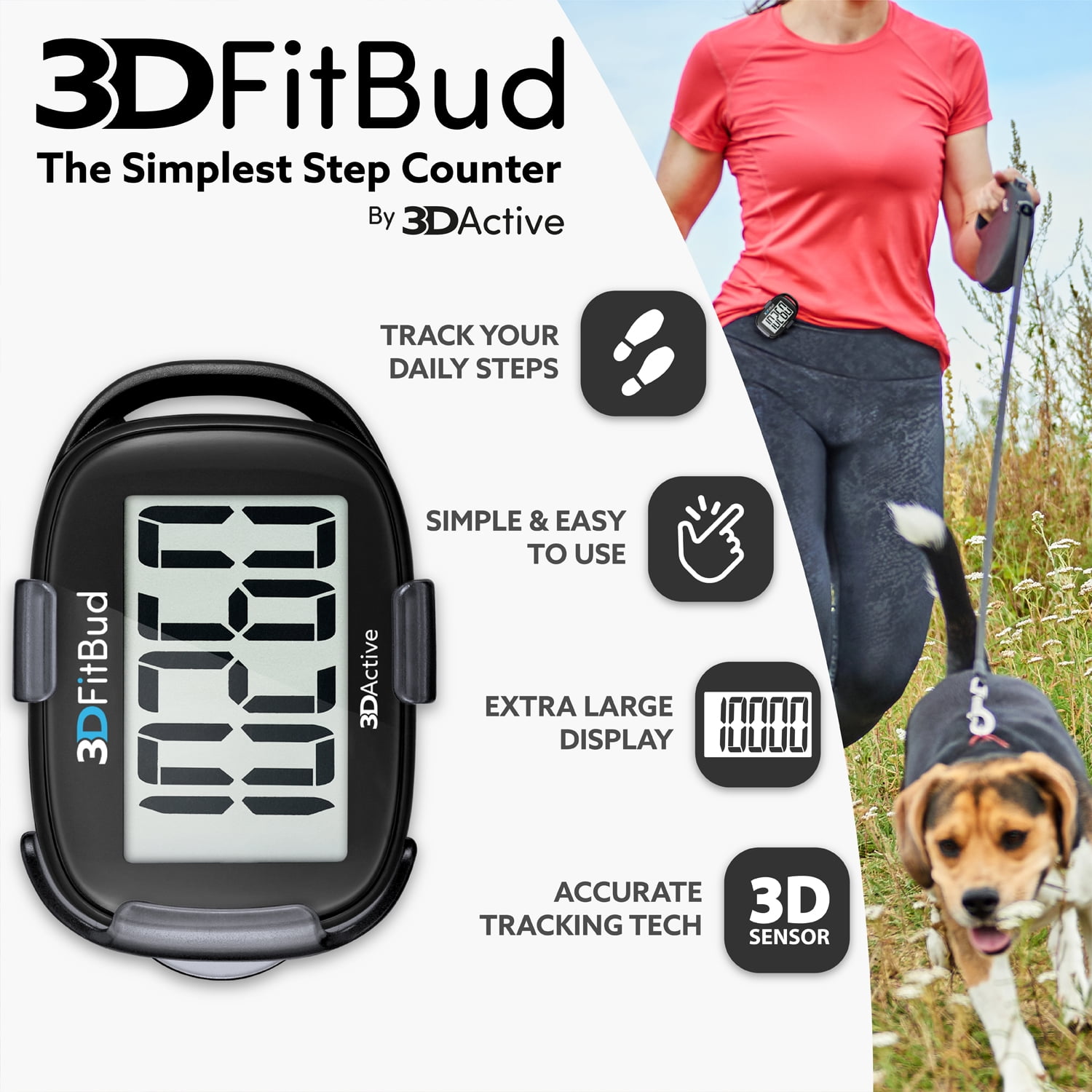 3DFitBud Simple Step Counter Walking 3D Pedometer with Clip and Lanyard, A420S (Black)