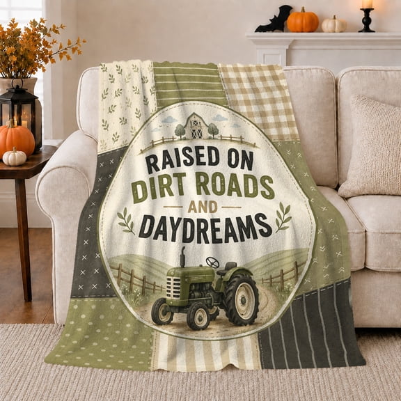 Raised On Dirt Roads Tractor in Rustic Farmhouse Style for Farm Kids, Green Barn Patchwork Scene, Warm Flannel Blanket for Bedroom and Playroom, Birthday Gift, Farmhouse Home Decor