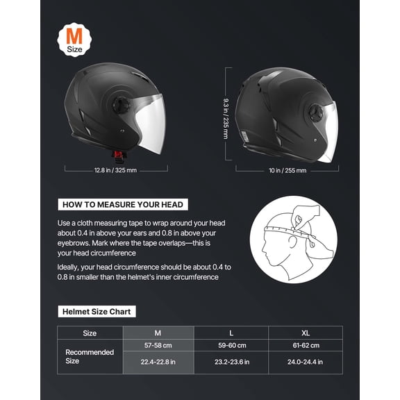 Motorcycle Helmet,3/4 Open Face,Adult Motocross Dirt Bike Helmet with Clear Visor,Comfortable Motorbike Racing Street with Detachable Liner for Men&Women,DOT Approved,(Matte Black,M)