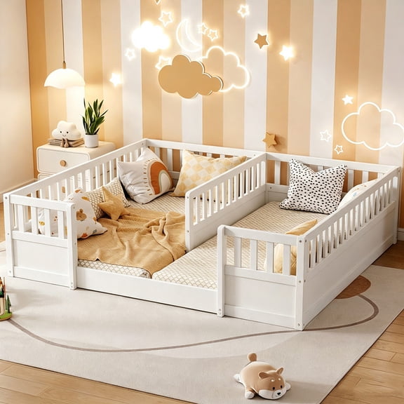 Bellemave Double Twin Size Floor Bed, Wood Montessori Bed Frame with High Fence Rails for 2, Easy Assembly Twin Platform Beds for Toddler Boys Girls, White